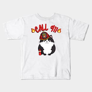 Funny Fat cat is a firefighter Kids T-Shirt